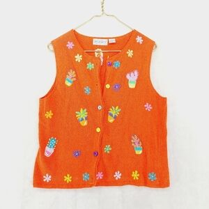 BellePointe Embroidered Flower Cactus Orange Knit Sweater Vest P6774